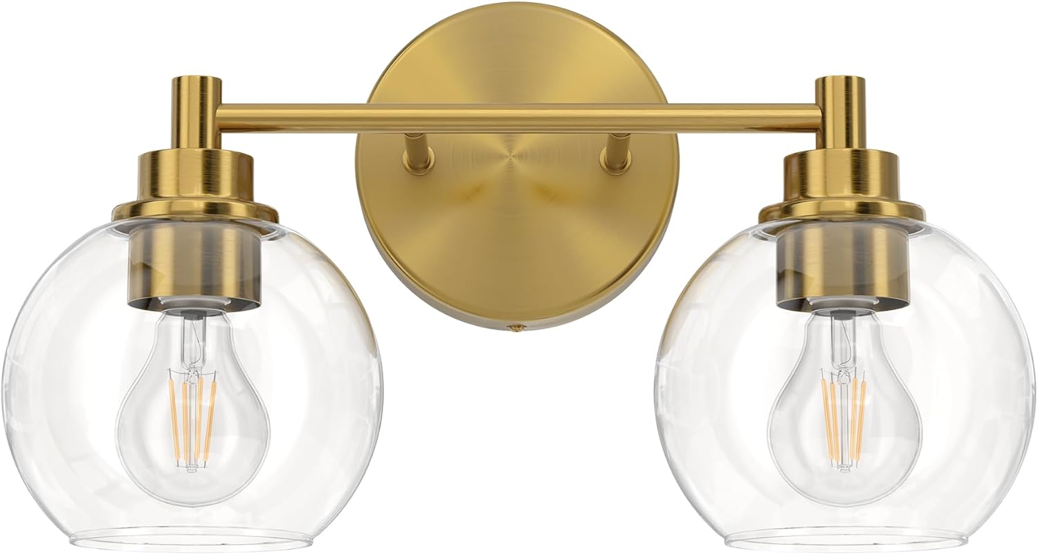VONLUCE Bathroom Light Fixtures, 2-Light Bathroom Vanity Light with Globe Glass Shades E26 Sockets, Bathroom Lights Over Mirror for Bedroom Hallway Living Room, Gold Finish - Grand Goldman