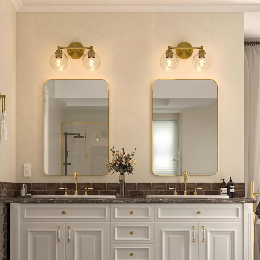 VONLUCE Bathroom Light Fixtures, 2-Light Bathroom Vanity Light with Globe Glass Shades E26 Sockets, Bathroom Lights Over Mirror for Bedroom Hallway Living Room, Gold Finish - Grand Goldman