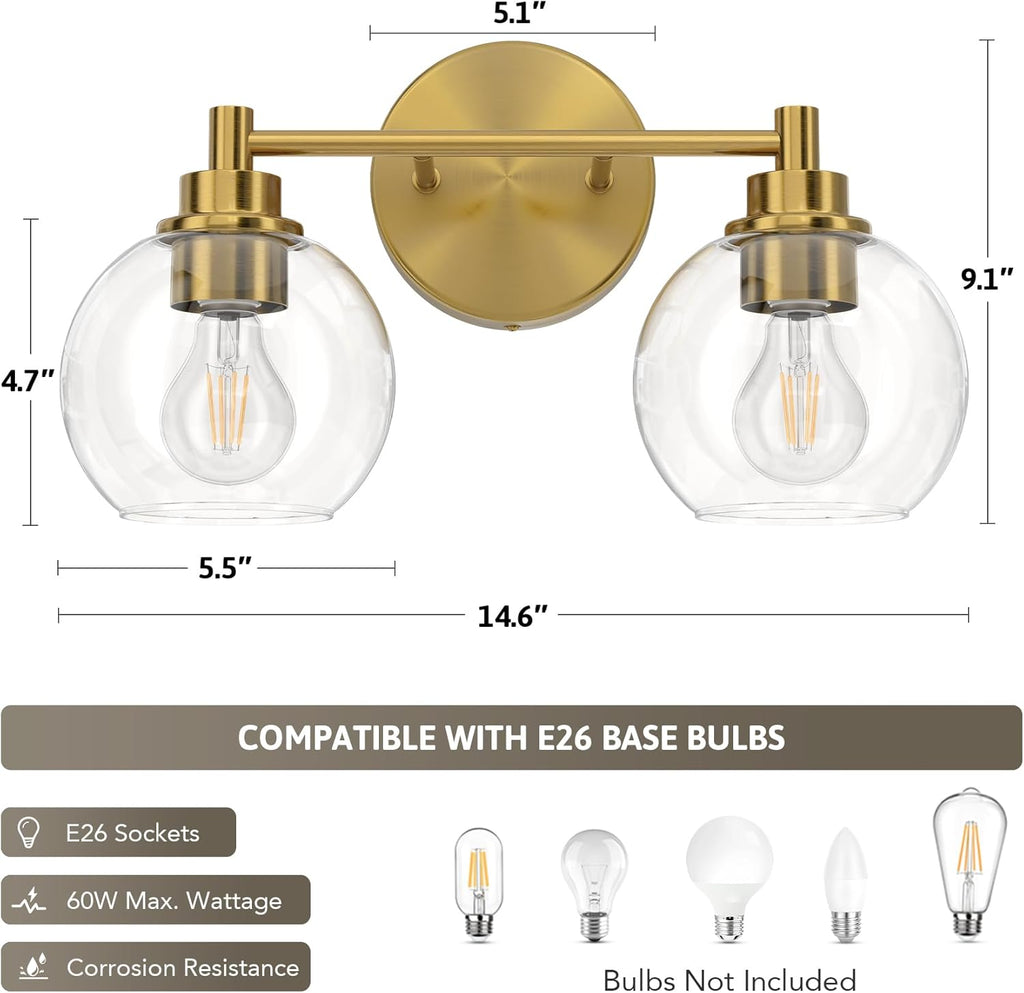 VONLUCE Bathroom Light Fixtures, 2-Light Bathroom Vanity Light with Globe Glass Shades E26 Sockets, Bathroom Lights Over Mirror for Bedroom Hallway Living Room, Gold Finish - Grand Goldman