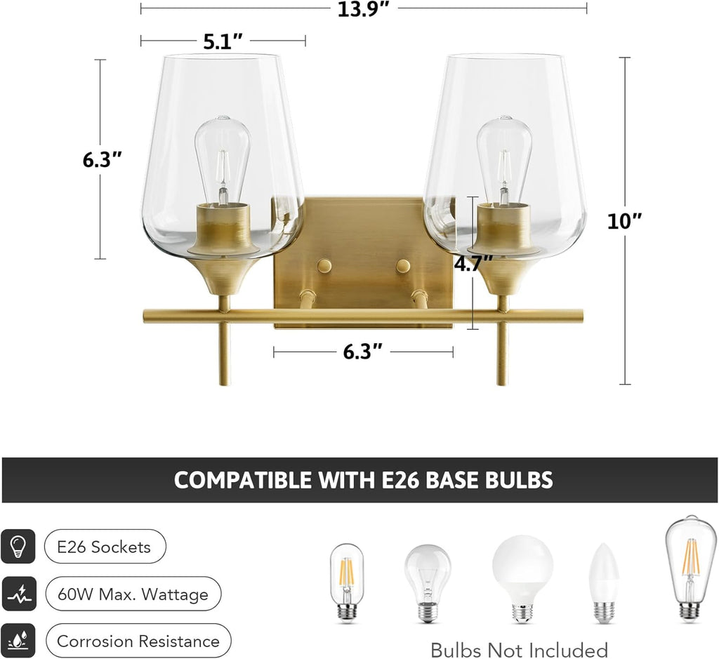 VONLUCE Bathroom Vanity Light, 2 Light Bathroom Light Fixture Over Mirror, Bathroom Wall Lamp with Clear Glass, Modern Gold Vanity Lighting fixtures for Bathroom, Bedroom, Hallway - Grand Goldman