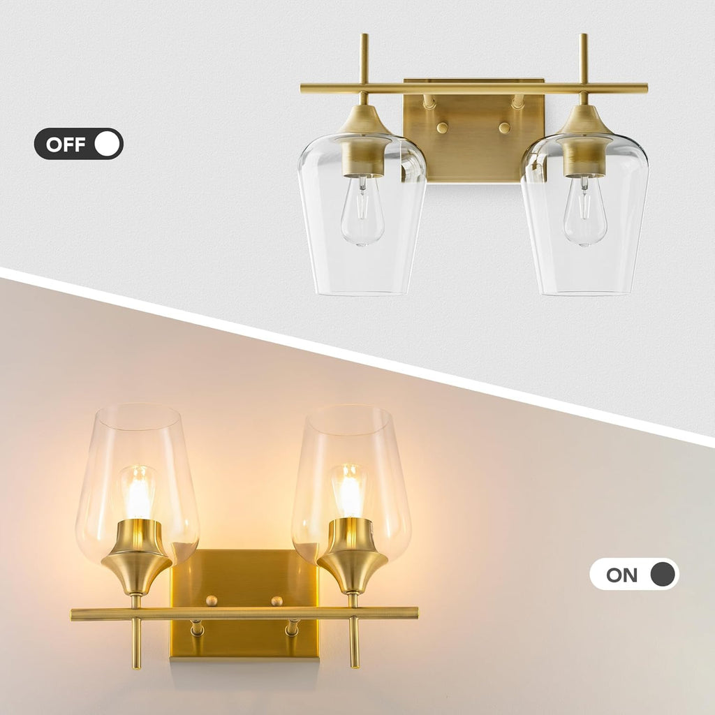 VONLUCE Bathroom Vanity Light, 2 Light Bathroom Light Fixture Over Mirror, Bathroom Wall Lamp with Clear Glass, Modern Gold Vanity Lighting fixtures for Bathroom, Bedroom, Hallway - Grand Goldman