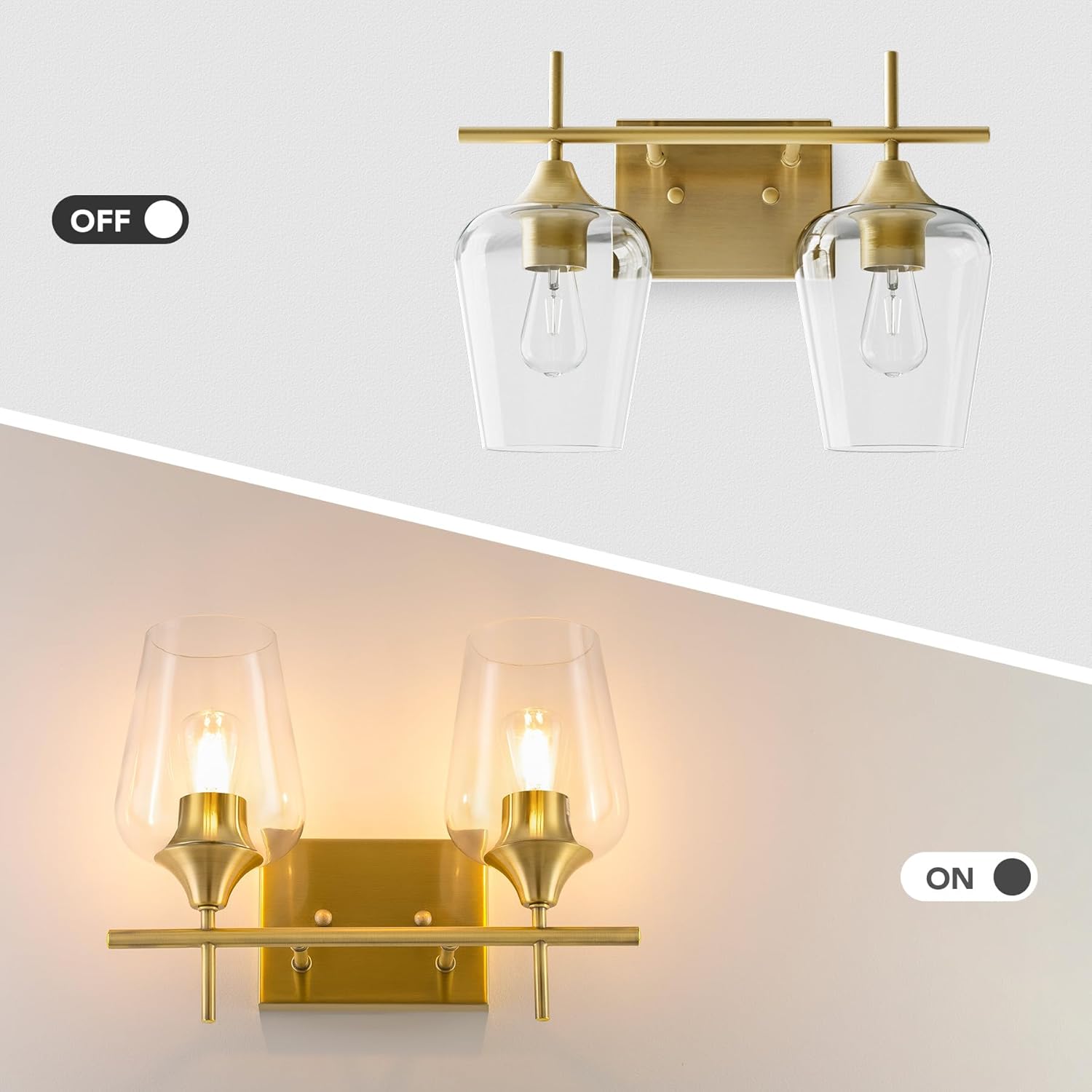 VONLUCE Bathroom Vanity Light, 2 Light Bathroom Light Fixture Over Mirror, Bathroom Wall Lamp with Clear Glass, Modern Gold Vanity Lighting fixtures for Bathroom, Bedroom, Hallway - Grand Goldman