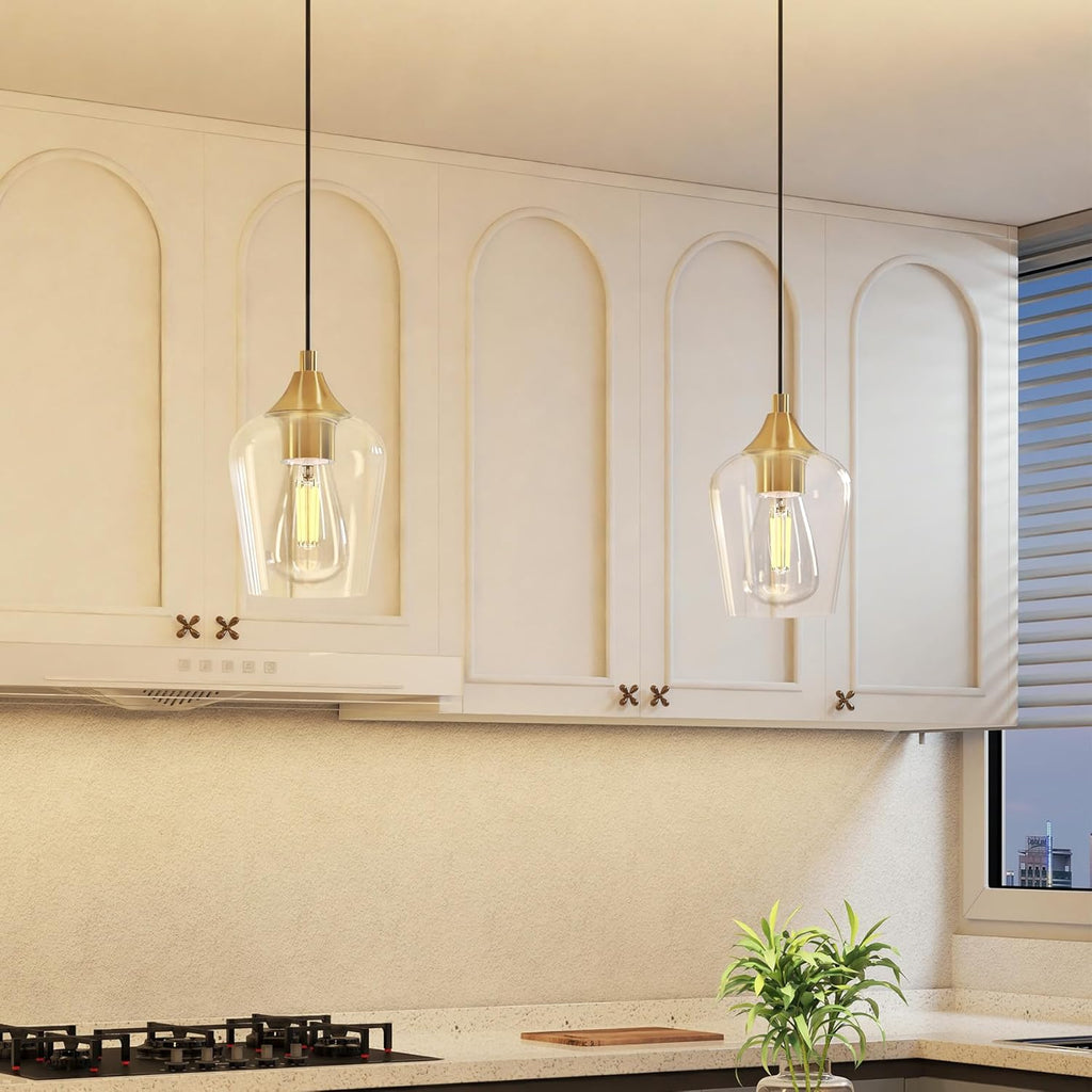VONLUCE Pendant Lights Kitchen Island, Brushed Gold Pendant Light Fixtures with E26 Base & Adjustable Cable, Modern Pendant Lighting with Glass Shade for Living Room Bedroom Hallway, 2 Packs - Grand Goldman