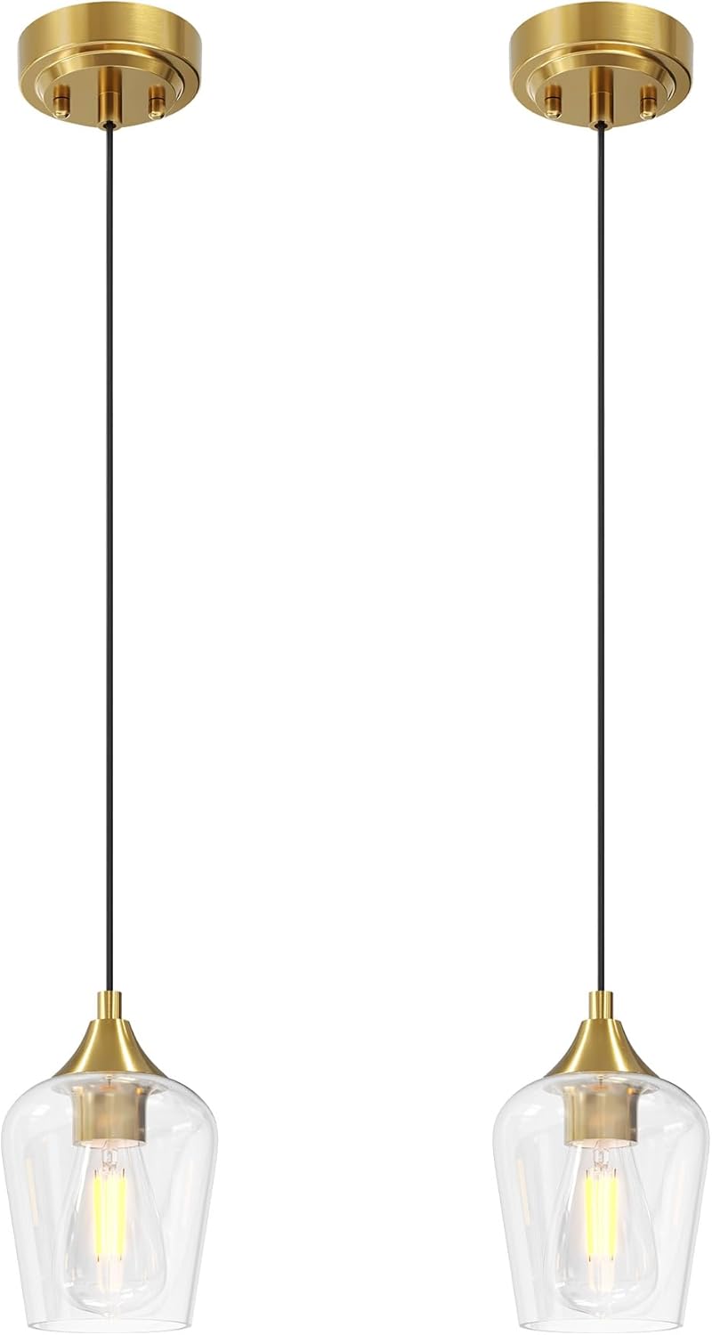VONLUCE Pendant Lights Kitchen Island, Brushed Gold Pendant Light Fixtures with E26 Base & Adjustable Cable, Modern Pendant Lighting with Glass Shade for Living Room Bedroom Hallway, 2 Packs - Grand Goldman