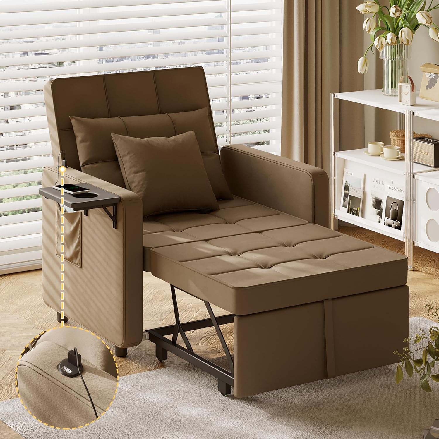 Vabches Sofa Bed Chair with Wing Table and USB Ports Outlet, 3-in-1 Sofa Chair Bed Couches with Two Pillows, Velvet Sleeper Chair with Adjustable Backrest, Easy Assembly, Dark Grey - Grand Goldman