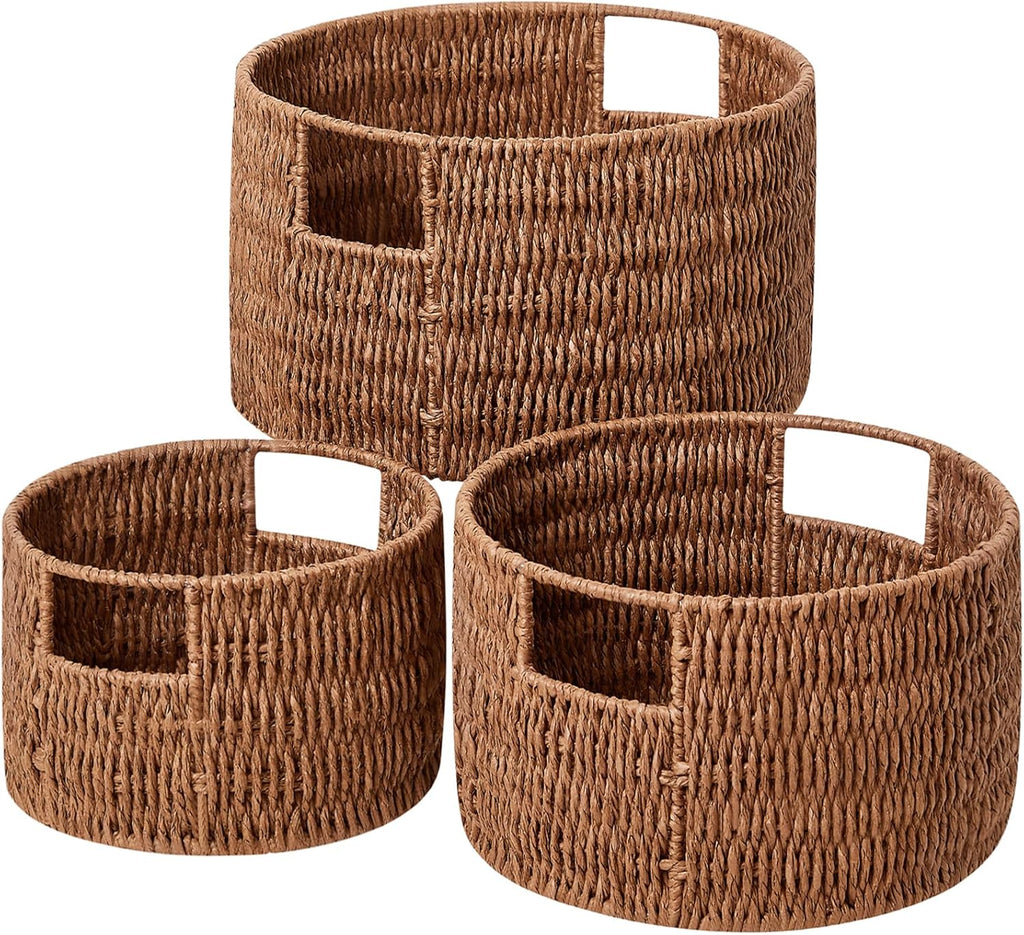 Vagusicc Wicker Storage Basket, Hand-Woven Paper Rope Large Round Woven Basket With Handles, Wicker Baskets for Organizing/Storage, Grey, 3-Pack - Grand Goldman