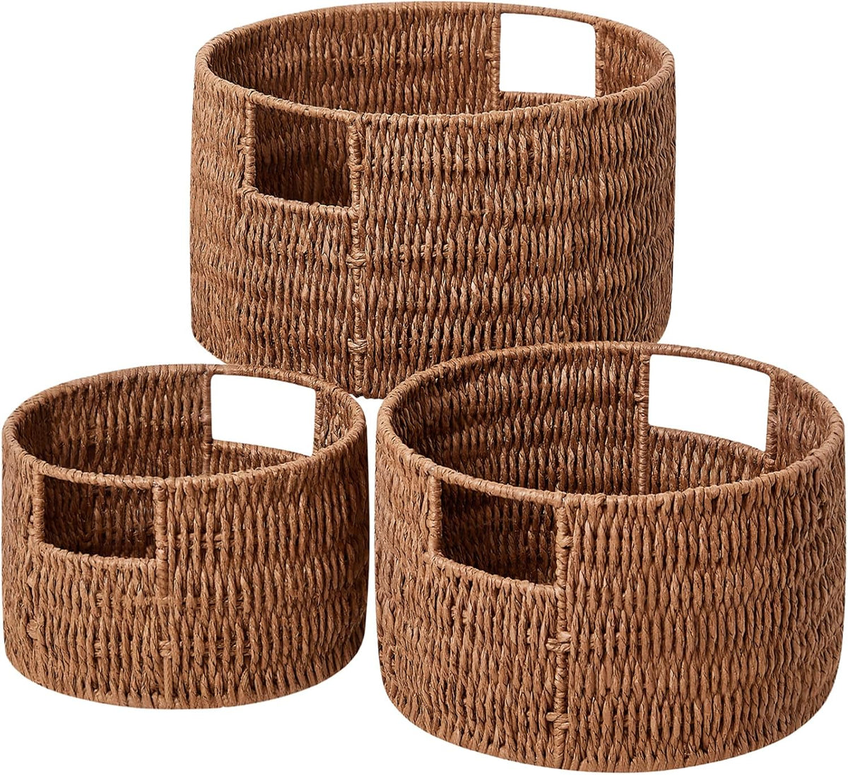 Vagusicc Wicker Storage Basket, Hand-Woven Paper Rope Large Round Woven Basket With Handles, Wicker Baskets for Organizing/Storage, Grey, 3-Pack - Grand Goldman