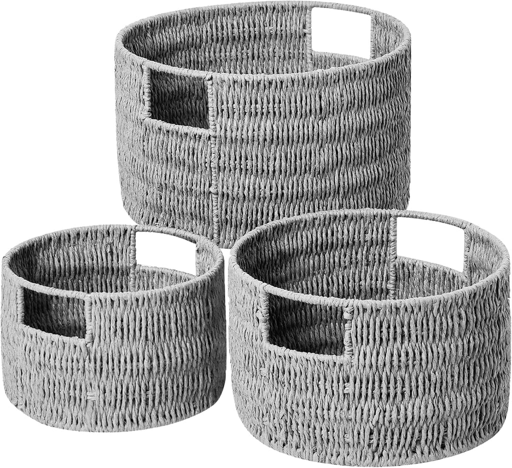 Vagusicc Wicker Storage Basket, Hand-Woven Paper Rope Large Round Woven Basket With Handles, Wicker Baskets for Organizing/Storage, Grey, 3-Pack - Grand Goldman