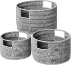 Vagusicc Wicker Storage Basket, Hand-Woven Paper Rope Large Round Woven Basket With Handles, Wicker Baskets for Organizing/Storage, Grey, 3-Pack - Grand Goldman