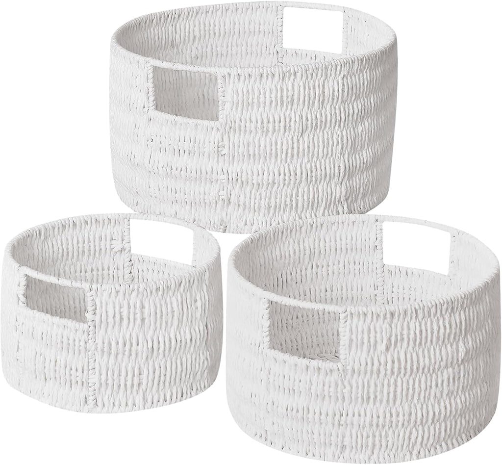 Vagusicc Wicker Storage Basket, Hand-Woven Paper Rope Large Round Woven Basket With Handles, Wicker Baskets for Organizing/Storage, Grey, 3-Pack - Grand Goldman