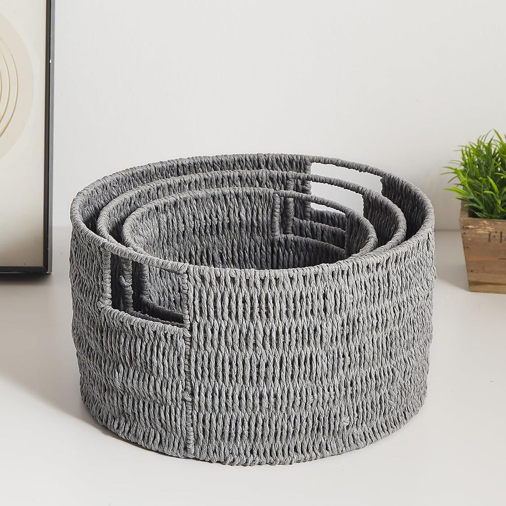 Vagusicc Wicker Storage Basket, Hand-Woven Paper Rope Large Round Woven Basket With Handles, Wicker Baskets for Organizing/Storage, Grey, 3-Pack - Grand Goldman