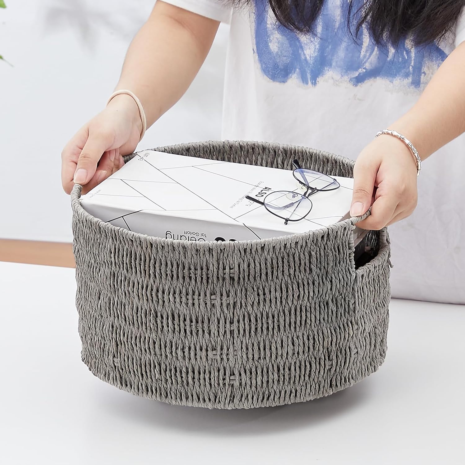 Vagusicc Wicker Storage Basket, Hand-Woven Paper Rope Large Round Woven Basket With Handles, Wicker Baskets for Organizing/Storage, Grey, 3-Pack - Grand Goldman
