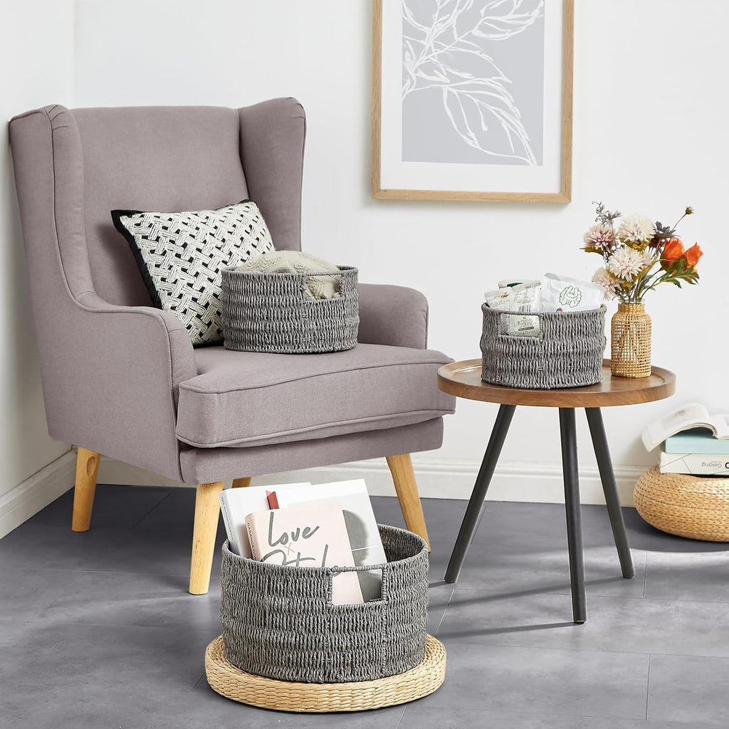 Vagusicc Wicker Storage Basket, Hand-Woven Paper Rope Large Round Woven Basket With Handles, Wicker Baskets for Organizing/Storage, Grey, 3-Pack - Grand Goldman