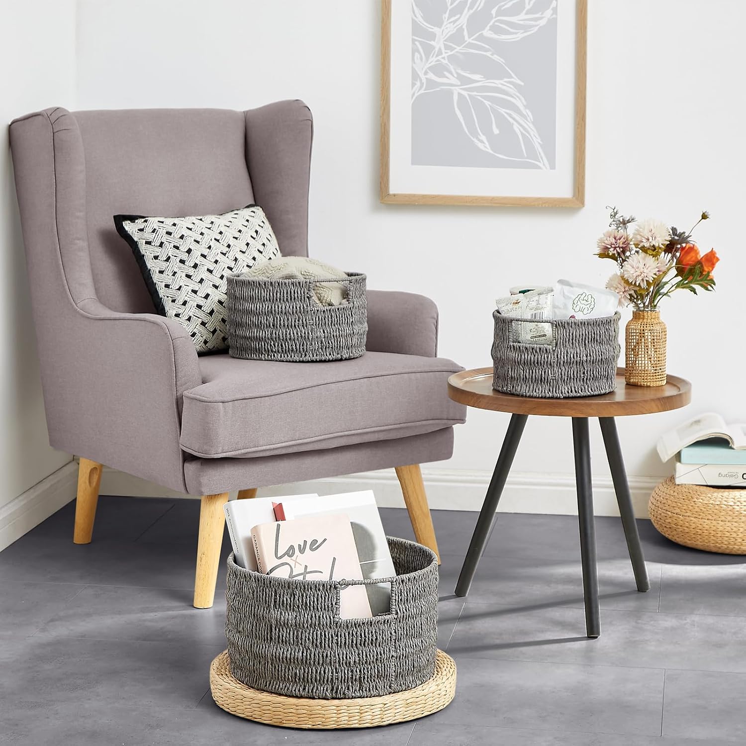 Vagusicc Wicker Storage Basket, Hand-Woven Paper Rope Large Round Woven Basket With Handles, Wicker Baskets for Organizing/Storage, Grey, 3-Pack - Grand Goldman