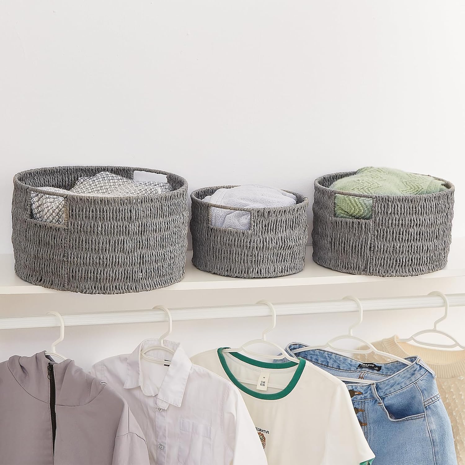 Vagusicc Wicker Storage Basket, Hand-Woven Paper Rope Large Round Woven Basket With Handles, Wicker Baskets for Organizing/Storage, Grey, 3-Pack - Grand Goldman