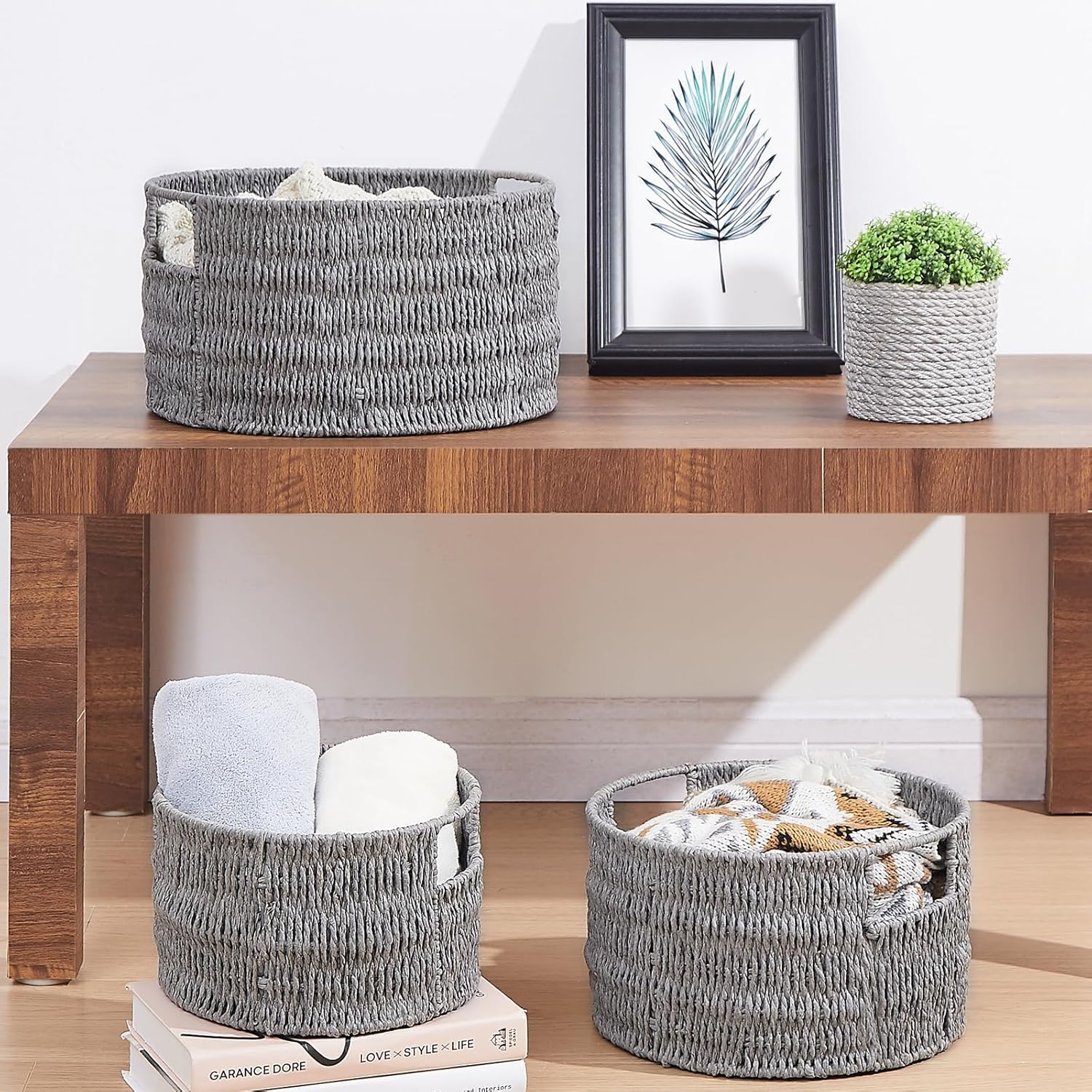 Vagusicc Wicker Storage Basket, Hand-Woven Paper Rope Large Round Woven Basket With Handles, Wicker Baskets for Organizing/Storage, Grey, 3-Pack - Grand Goldman