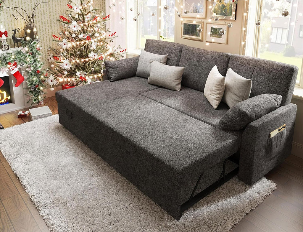 VanAcc Sleeper Sofa, Sofa Bed- 2 in 1 Pull Out Couch Bed with Storage Chaise for Living Room, Sofa Sleeper with Pull Out Bed, Grey Linen Couch - Grand Goldman