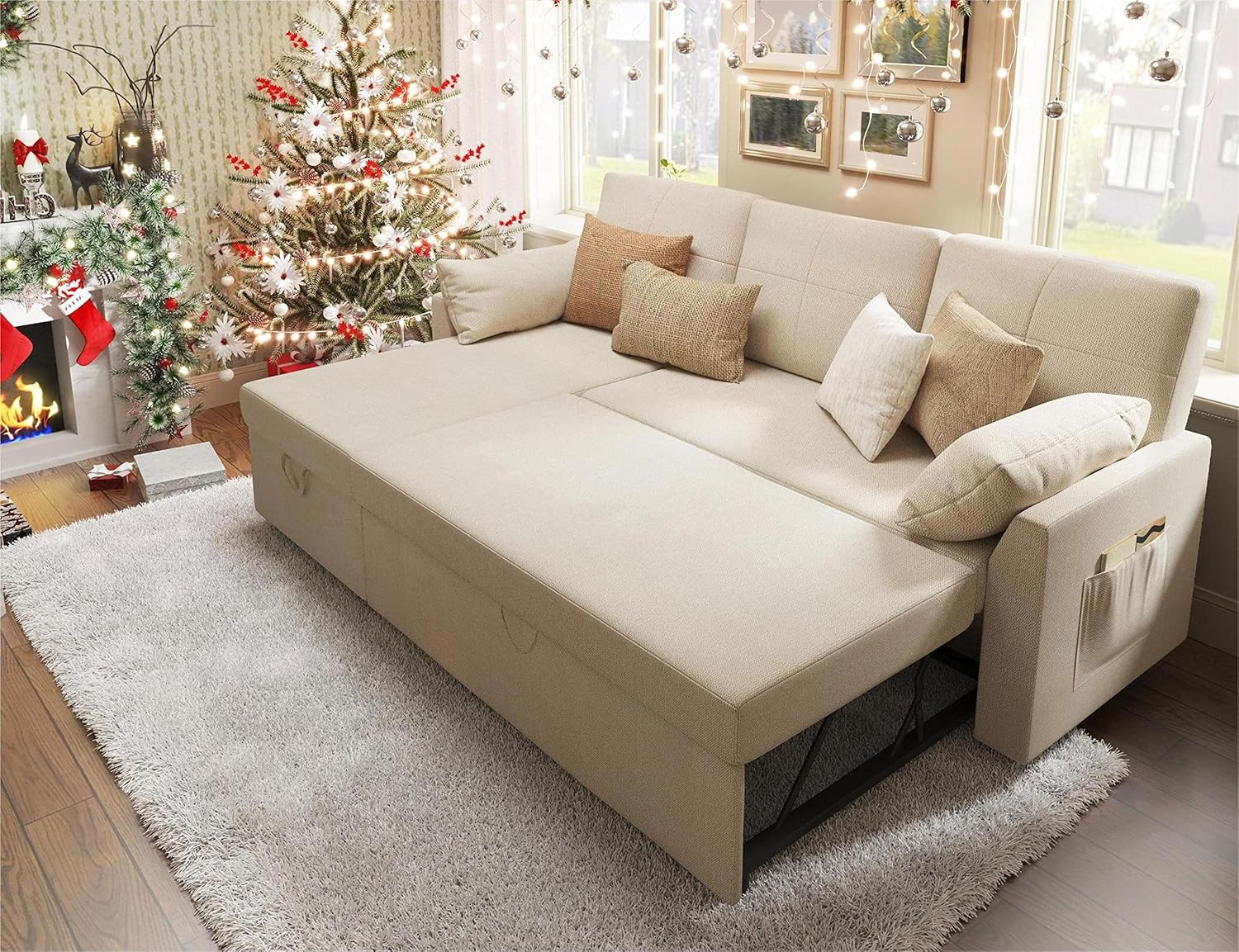 VanAcc Sleeper Sofa, Sofa Bed- 2 in 1 Pull Out Couch Bed with Storage Chaise for Living Room, Sofa Sleeper with Pull Out Bed, Grey Linen Couch - Grand Goldman