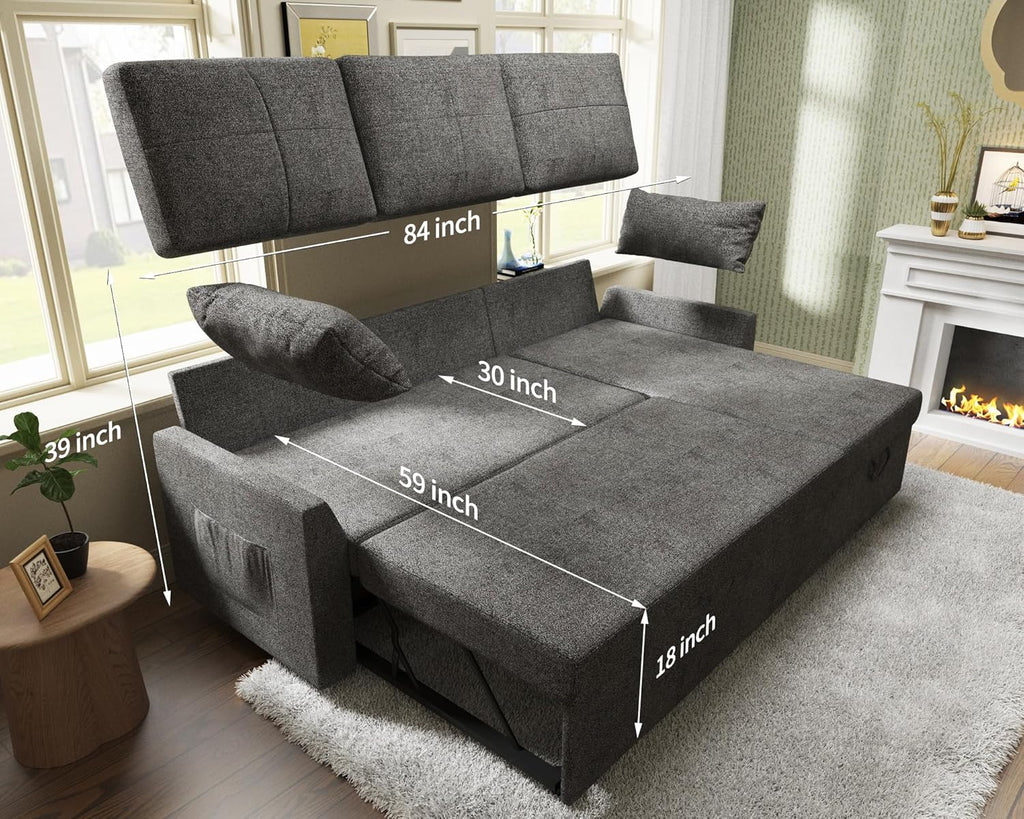 VanAcc Sleeper Sofa, Sofa Bed- 2 in 1 Pull Out Couch Bed with Storage Chaise for Living Room, Sofa Sleeper with Pull Out Bed, Grey Linen Couch - Grand Goldman