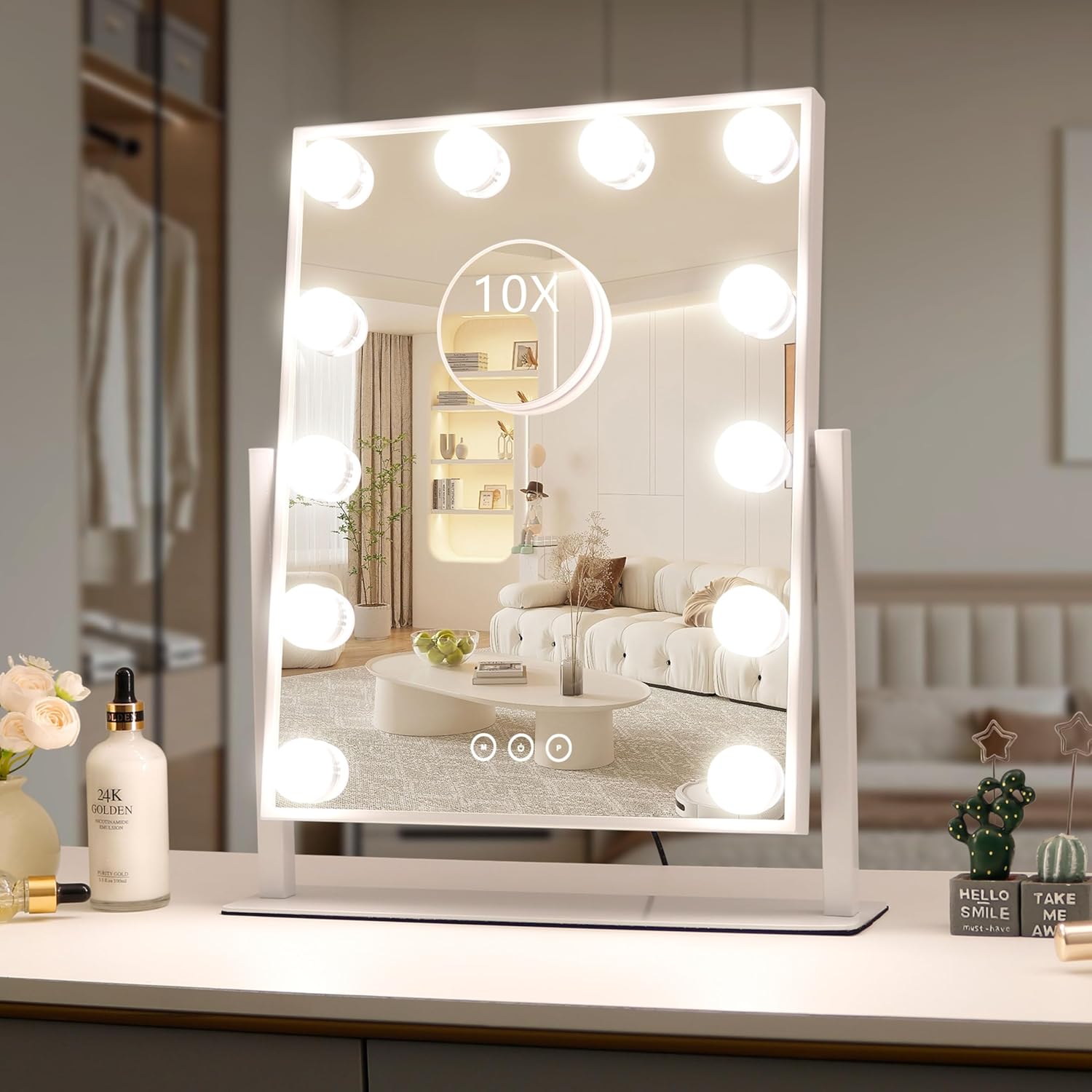 Vanity Mirror with Lights,Lighted Vanity Mirror with 9 Dimmable Bulbs for Dressing Room & Bedroom 3 Color Lighting Modes Detachable 10x Magnification 360°Ratation - Grand Goldman