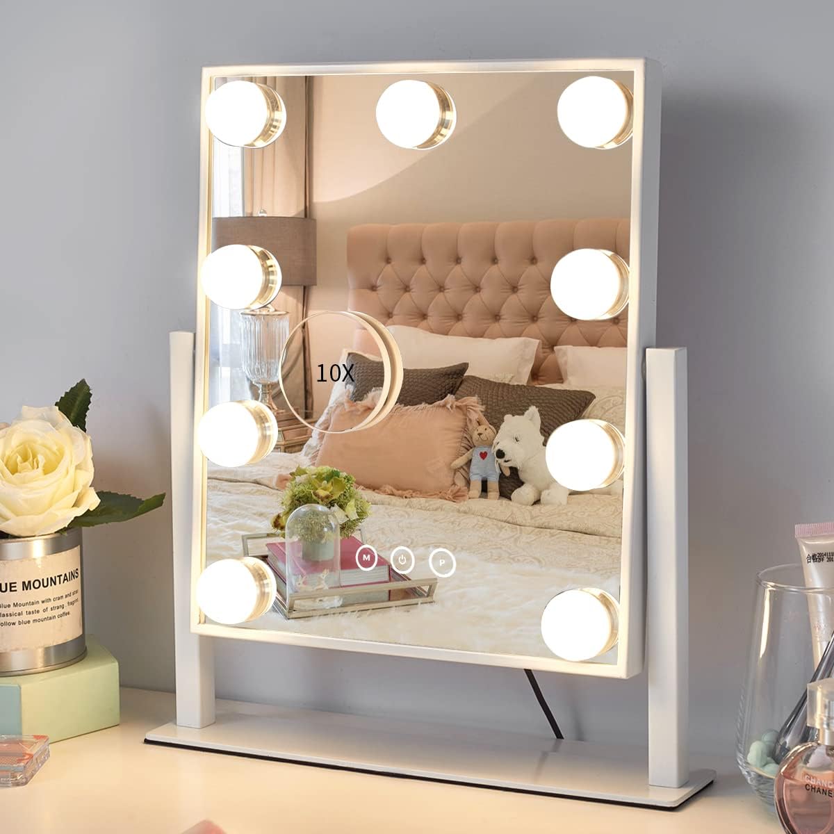 Vanity Mirror with Lights,Lighted Vanity Mirror with 9 Dimmable Bulbs for Dressing Room & Bedroom 3 Color Lighting Modes Detachable 10x Magnification 360°Ratation - Grand Goldman