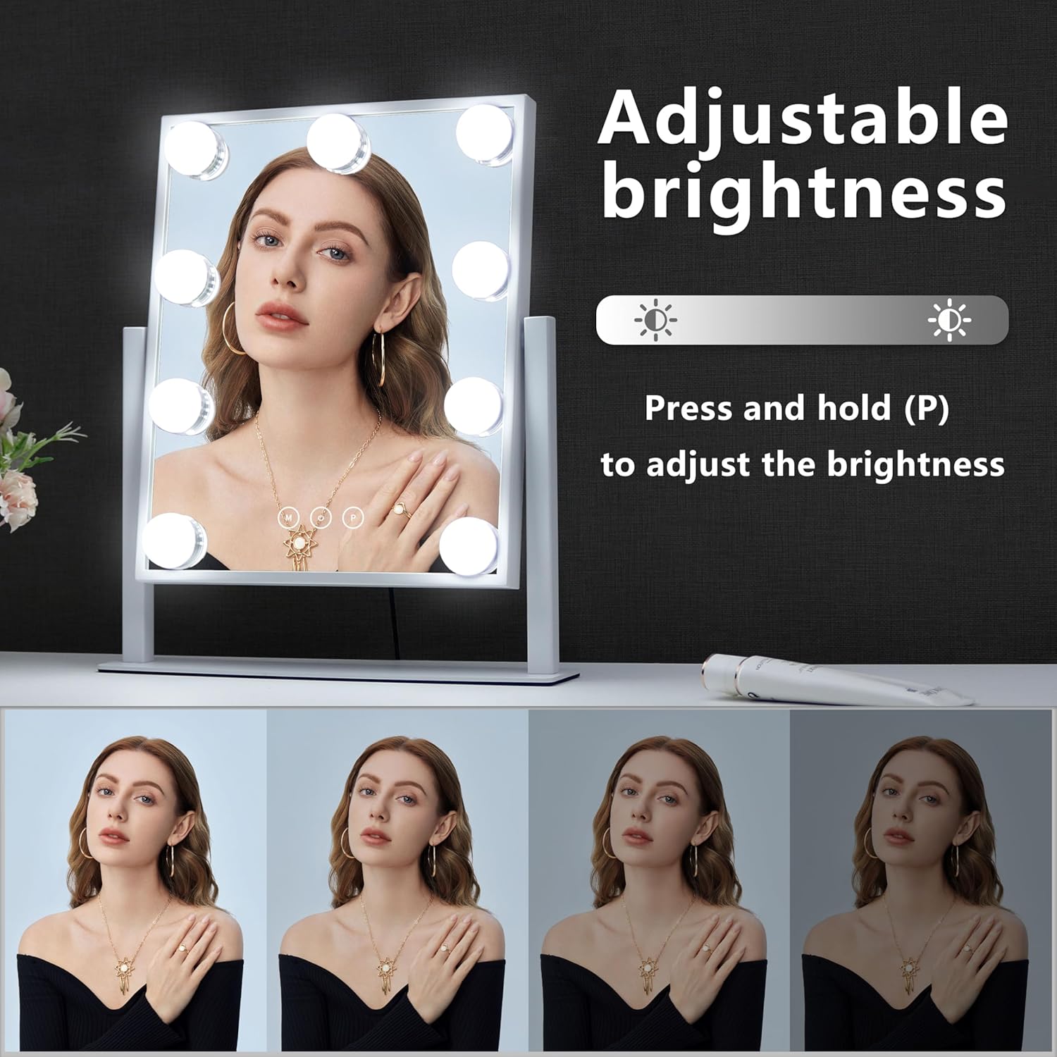 Vanity Mirror with Lights,Lighted Vanity Mirror with 9 Dimmable Bulbs for Dressing Room & Bedroom 3 Color Lighting Modes Detachable 10x Magnification 360°Ratation - Grand Goldman