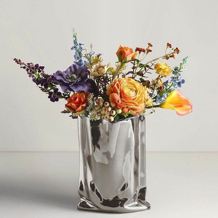 Vase Of Dried Flowers Electroplated Silver Ceramic Vase Floral Soft Decoration - Grand Goldman