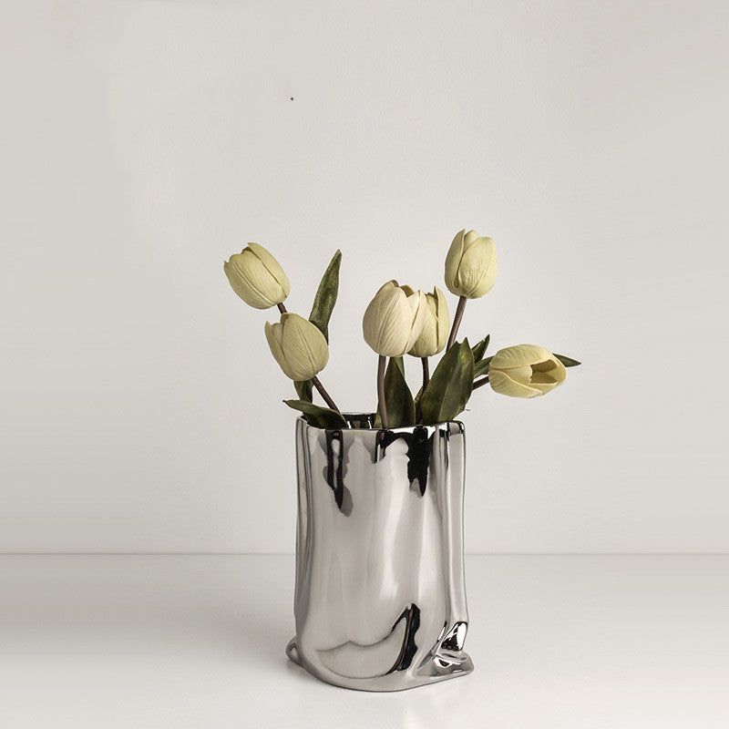 Vase Of Dried Flowers Electroplated Silver Ceramic Vase Floral Soft Decoration - Grand Goldman