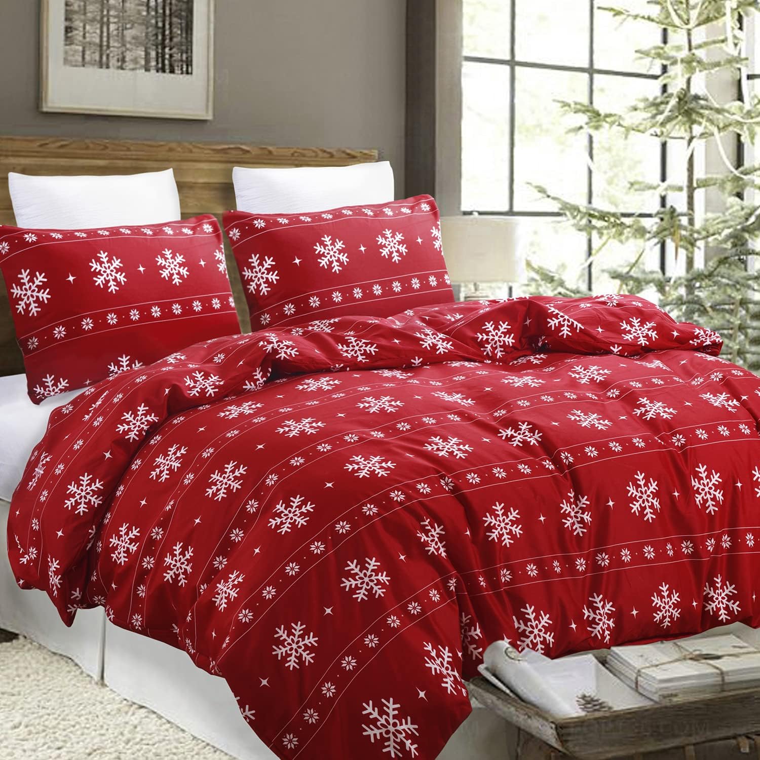 Vaulia Soft Duvet Cover Set King Size, Microfiber Snowflake Pattern Design for Christmas New Year Holidays, Red Color 3 Piece Set (1 Duvet Cover 2 Pillow Shams) - Grand Goldman