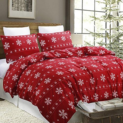 Vaulia Soft Duvet Cover Set King Size, Microfiber Snowflake Pattern Design for Christmas New Year Holidays, Red Color 3 Piece Set (1 Duvet Cover 2 Pillow Shams) - Grand Goldman