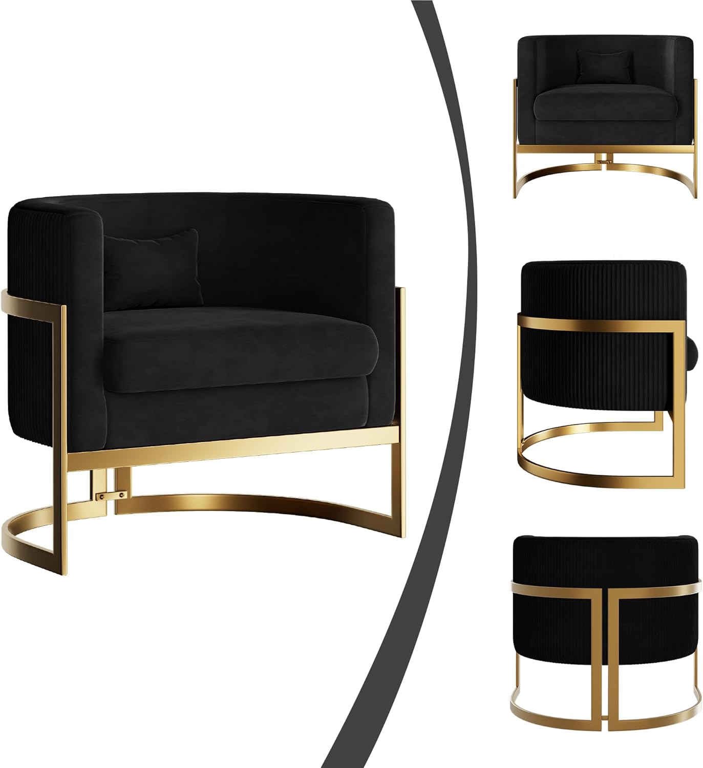 Velvet Accent Chair Gold Modern Barrel Chair Upholstered Arm Chairs for Bedroom Living Room Sofa Chair Club Chairs Black - Grand Goldman