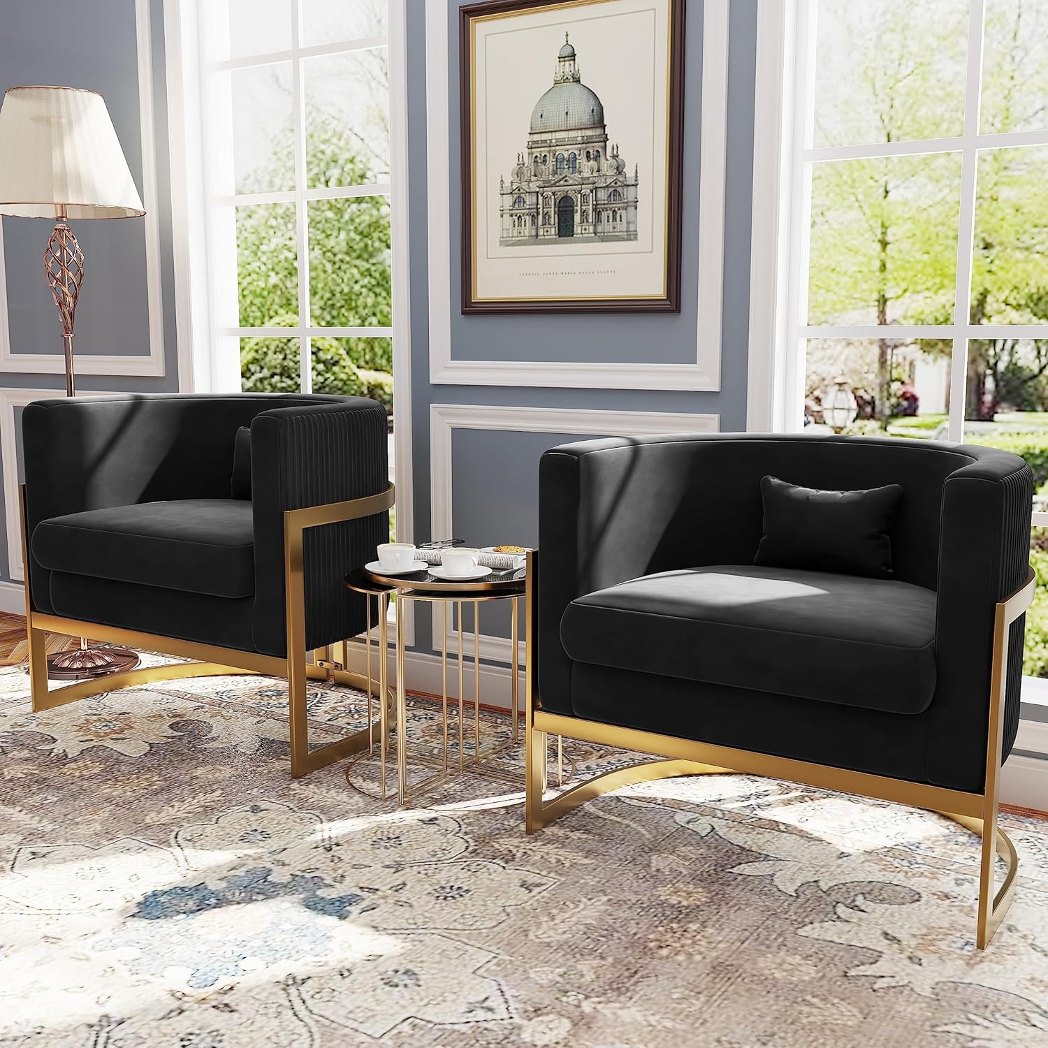 Velvet Accent Chair Gold Modern Barrel Chair Upholstered Arm Chairs for Bedroom Living Room Sofa Chair Club Chairs Black - Grand Goldman