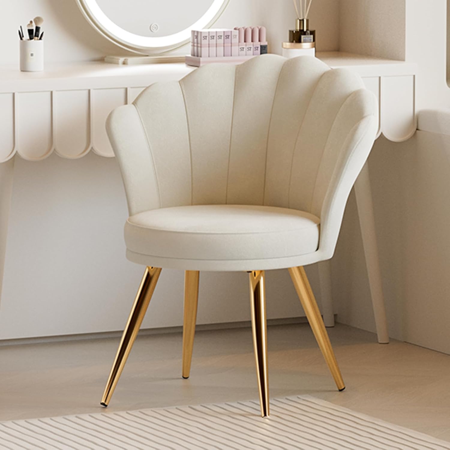 Velvet Accent Chair with Gold Metal Legs, Vanity Chair for Makeup Room, Upholstered Guest Chair for Living Room, Side Chair for Bedroom, White - Grand Goldman