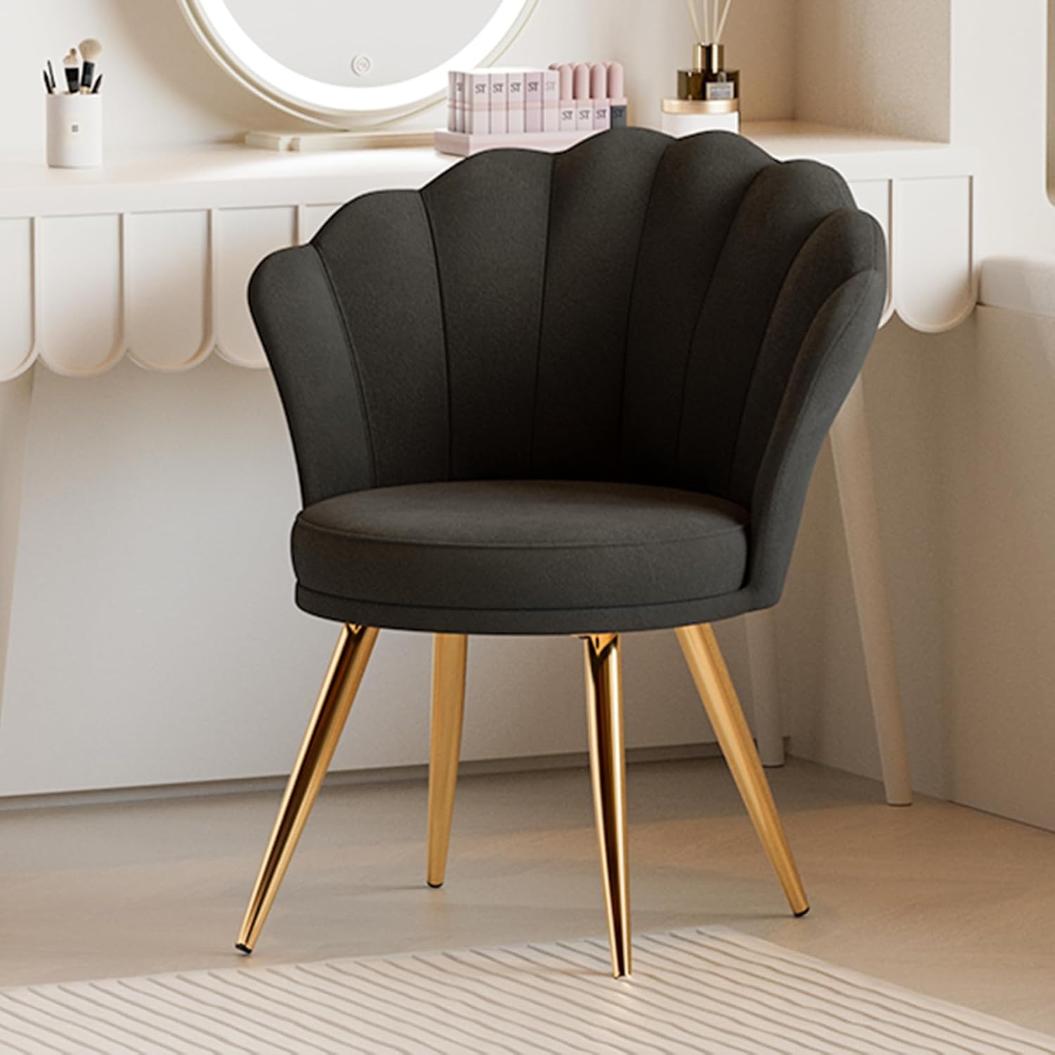 Velvet Accent Chair with Gold Metal Legs, Vanity Chair for Makeup Room, Upholstered Guest Chair for Living Room, Side Chair for Bedroom, White - Grand Goldman