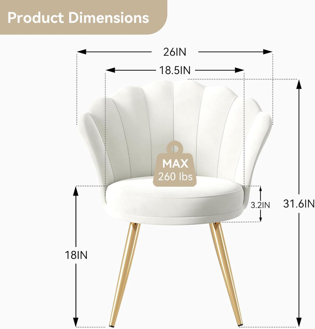 Velvet Accent Chair with Gold Metal Legs, Vanity Chair for Makeup Room, Upholstered Guest Chair for Living Room, Side Chair for Bedroom, White - Grand Goldman
