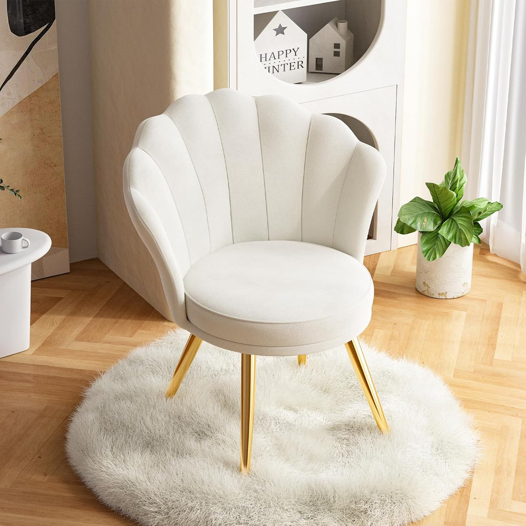 Velvet Accent Chair with Gold Metal Legs, Vanity Chair for Makeup Room, Upholstered Guest Chair for Living Room, Side Chair for Bedroom, White - Grand Goldman