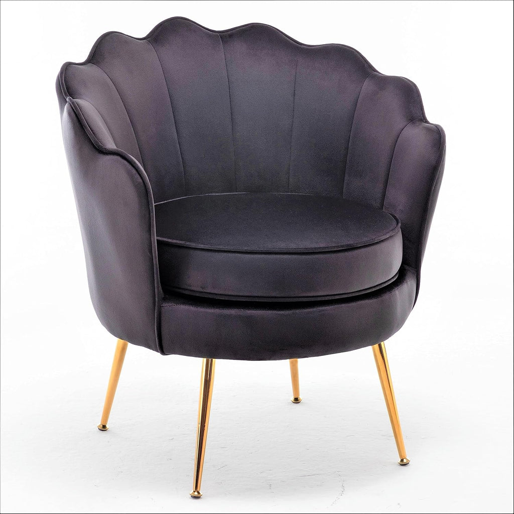Velvet Barrel Accent Chair with Scalloped Silhouette and Gold Metal Legs, Decorative Piece Suitable for Traditional, Modern, and Contemporary Spaces, Black - Grand Goldman
