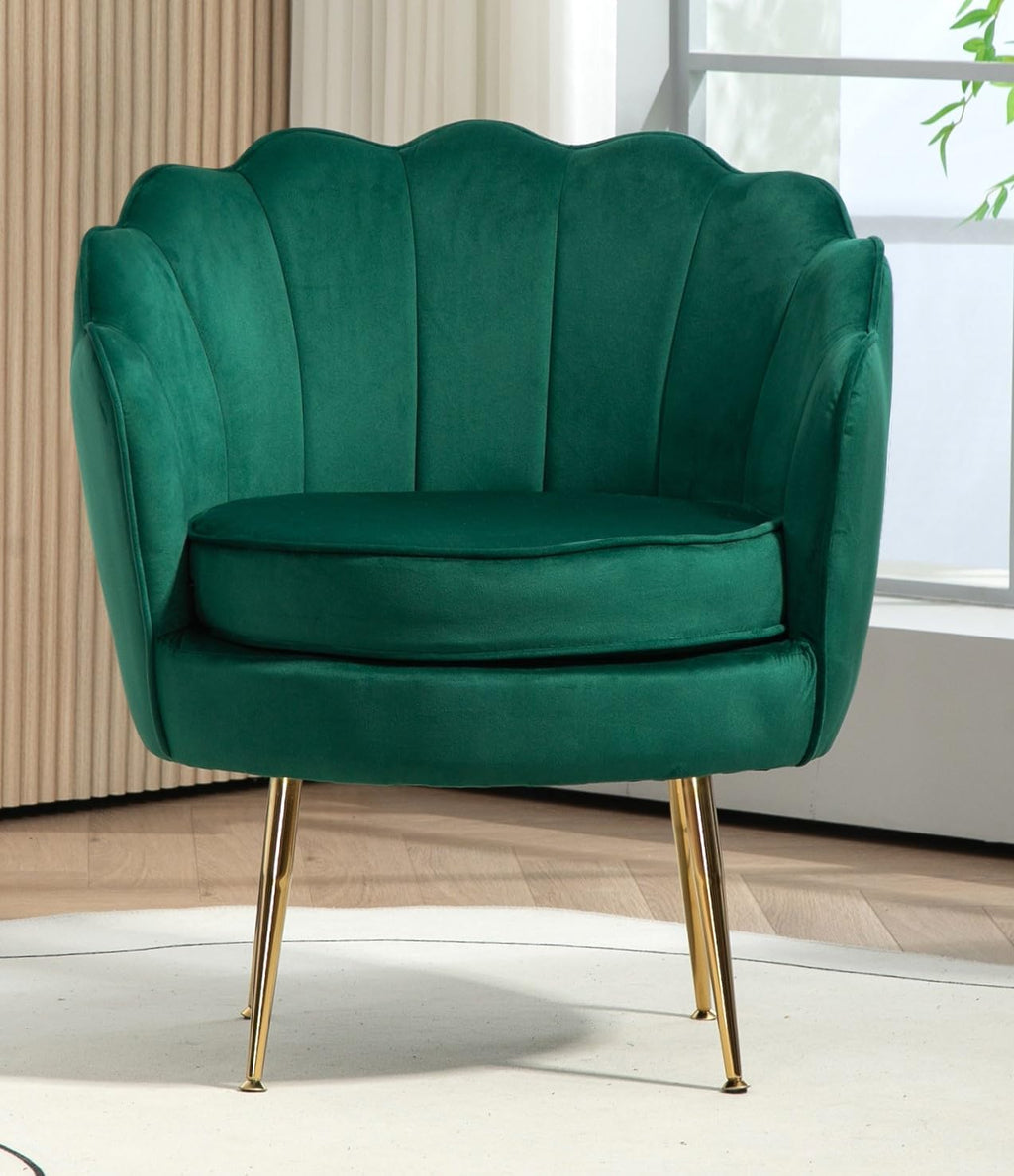 Velvet Barrel Accent Chair with Scalloped Silhouette and Gold Metal Legs, Decorative Piece Suitable for Traditional, Modern, and Contemporary Spaces, Black - Grand Goldman