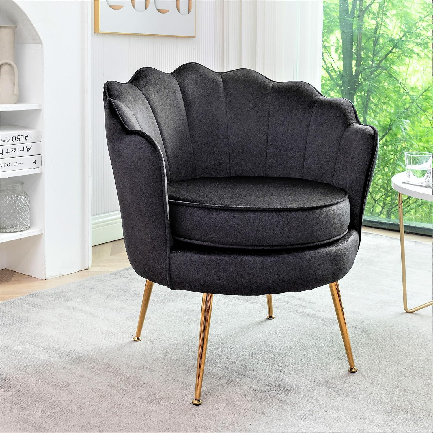 Velvet Barrel Accent Chair with Scalloped Silhouette and Gold Metal Legs, Decorative Piece Suitable for Traditional, Modern, and Contemporary Spaces, Black - Grand Goldman