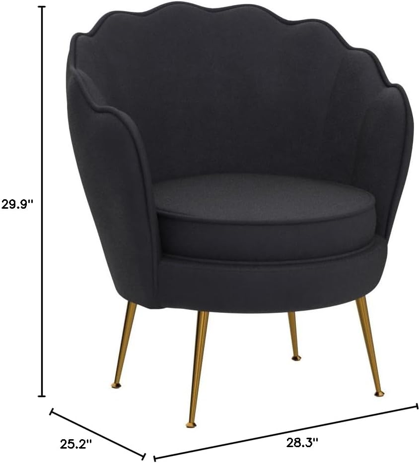 Velvet Barrel Accent Chair with Scalloped Silhouette and Gold Metal Legs, Decorative Piece Suitable for Traditional, Modern, and Contemporary Spaces, Black - Grand Goldman