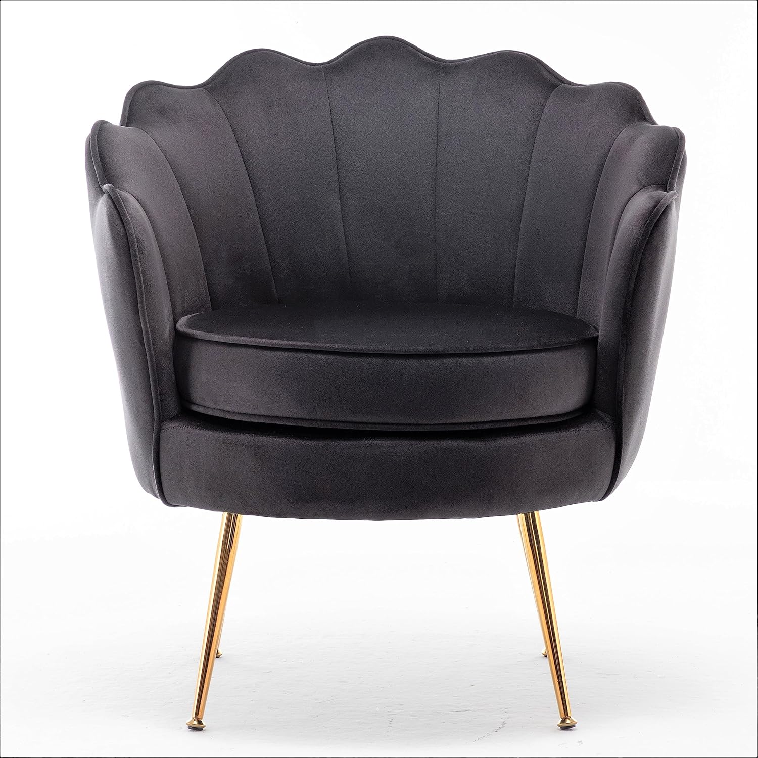Velvet Barrel Accent Chair with Scalloped Silhouette and Gold Metal Legs, Decorative Piece Suitable for Traditional, Modern, and Contemporary Spaces, Black - Grand Goldman