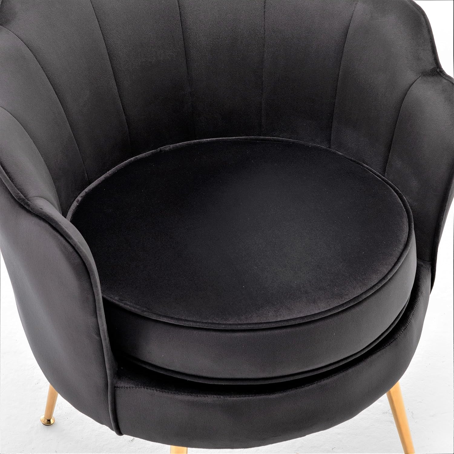 Velvet Barrel Accent Chair with Scalloped Silhouette and Gold Metal Legs, Decorative Piece Suitable for Traditional, Modern, and Contemporary Spaces, Black - Grand Goldman