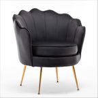 Velvet Barrel Accent Chair with Scalloped Silhouette and Gold Metal Legs, Decorative Piece Suitable for Traditional, Modern, and Contemporary Spaces, Black - Grand Goldman