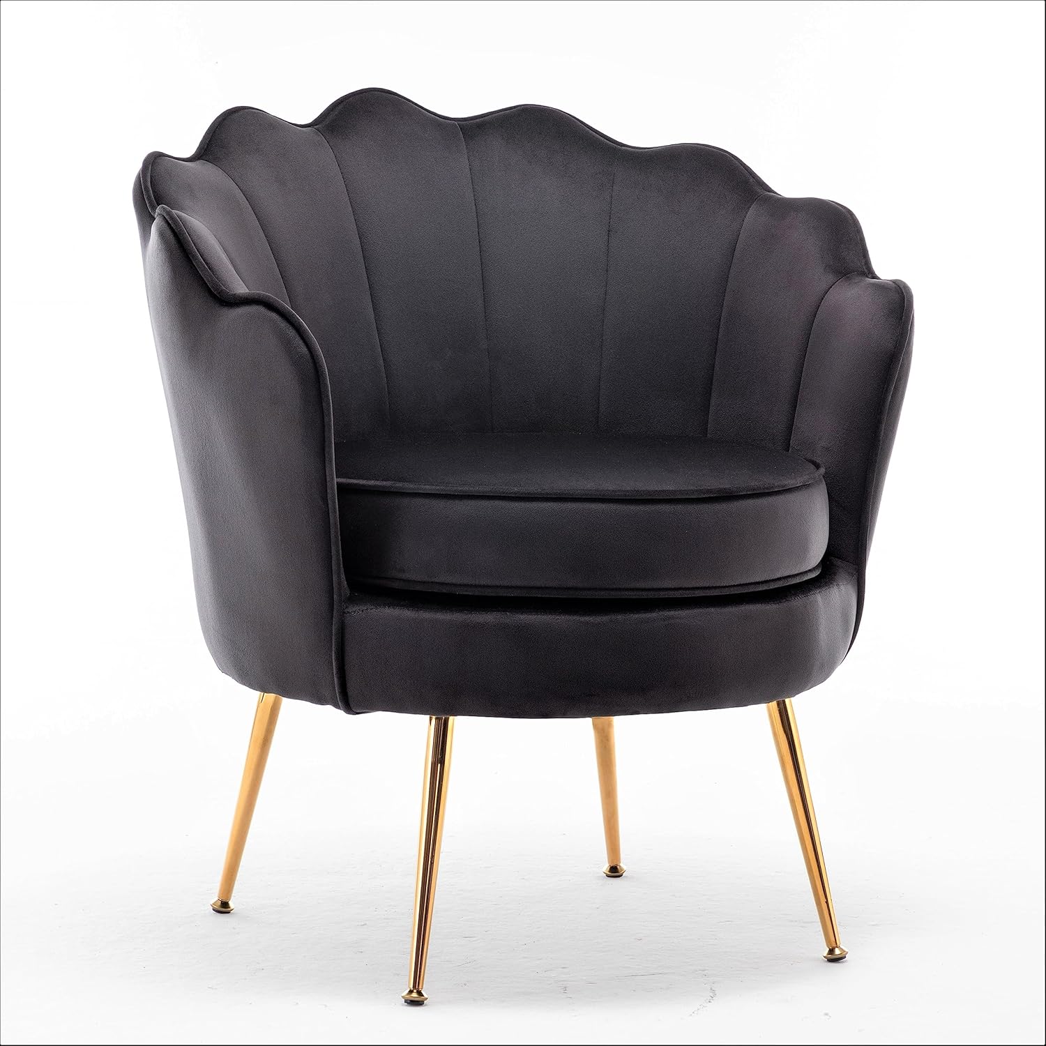 Velvet Barrel Accent Chair with Scalloped Silhouette and Gold Metal Legs, Decorative Piece Suitable for Traditional, Modern, and Contemporary Spaces, Black - Grand Goldman