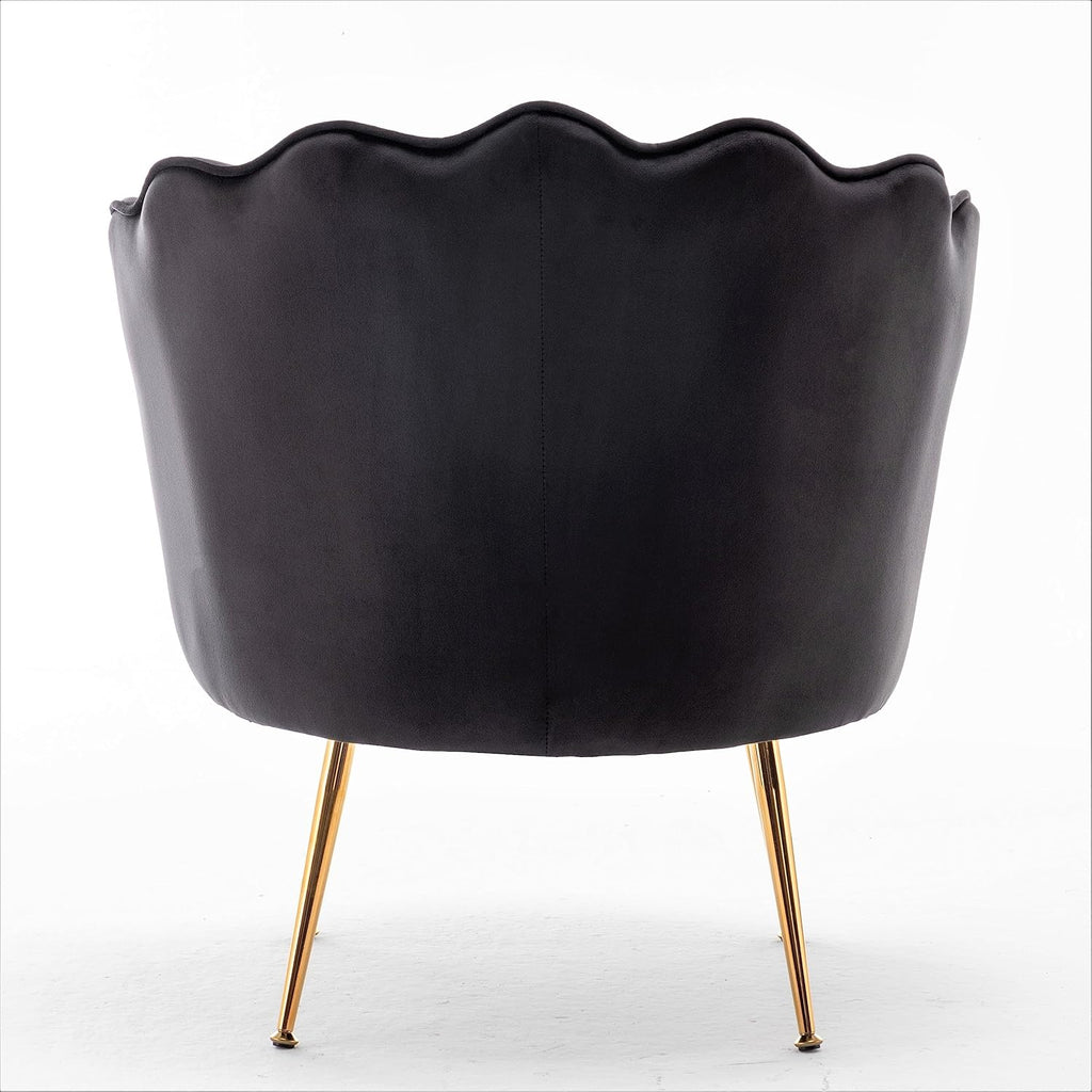 Velvet Barrel Accent Chair with Scalloped Silhouette and Gold Metal Legs, Decorative Piece Suitable for Traditional, Modern, and Contemporary Spaces, Black - Grand Goldman