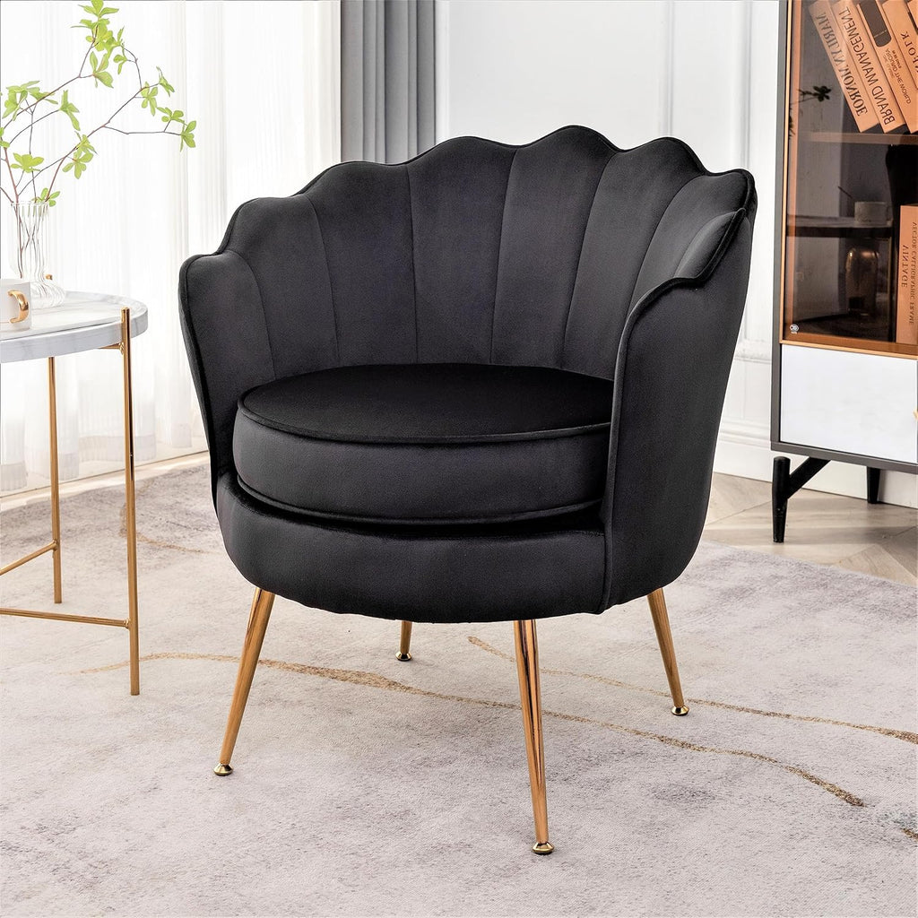 Velvet Barrel Accent Chair with Scalloped Silhouette and Gold Metal Legs, Decorative Piece Suitable for Traditional, Modern, and Contemporary Spaces, Black - Grand Goldman