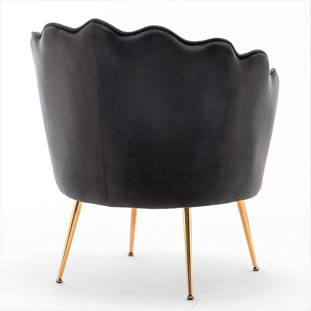 Velvet Barrel Accent Chair with Scalloped Silhouette and Gold Metal Legs, Decorative Piece Suitable for Traditional, Modern, and Contemporary Spaces, Black - Grand Goldman