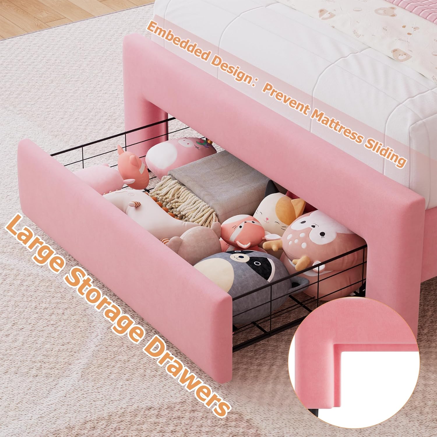 Velvet Upholstered Twin LED Bed Frame with Storage Drawer and Adjustable Chic Double Wavy Headboard, Princess Platform Bed for Girls/Kids, Solid Wood Slats Support, No Box Spring Needed, Pink - Grand Goldman
