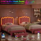 Velvet Upholstered Twin LED Bed Frame with Storage Drawer and Adjustable Chic Double Wavy Headboard, Princess Platform Bed for Girls/Kids, Solid Wood Slats Support, No Box Spring Needed, Pink - Grand Goldman