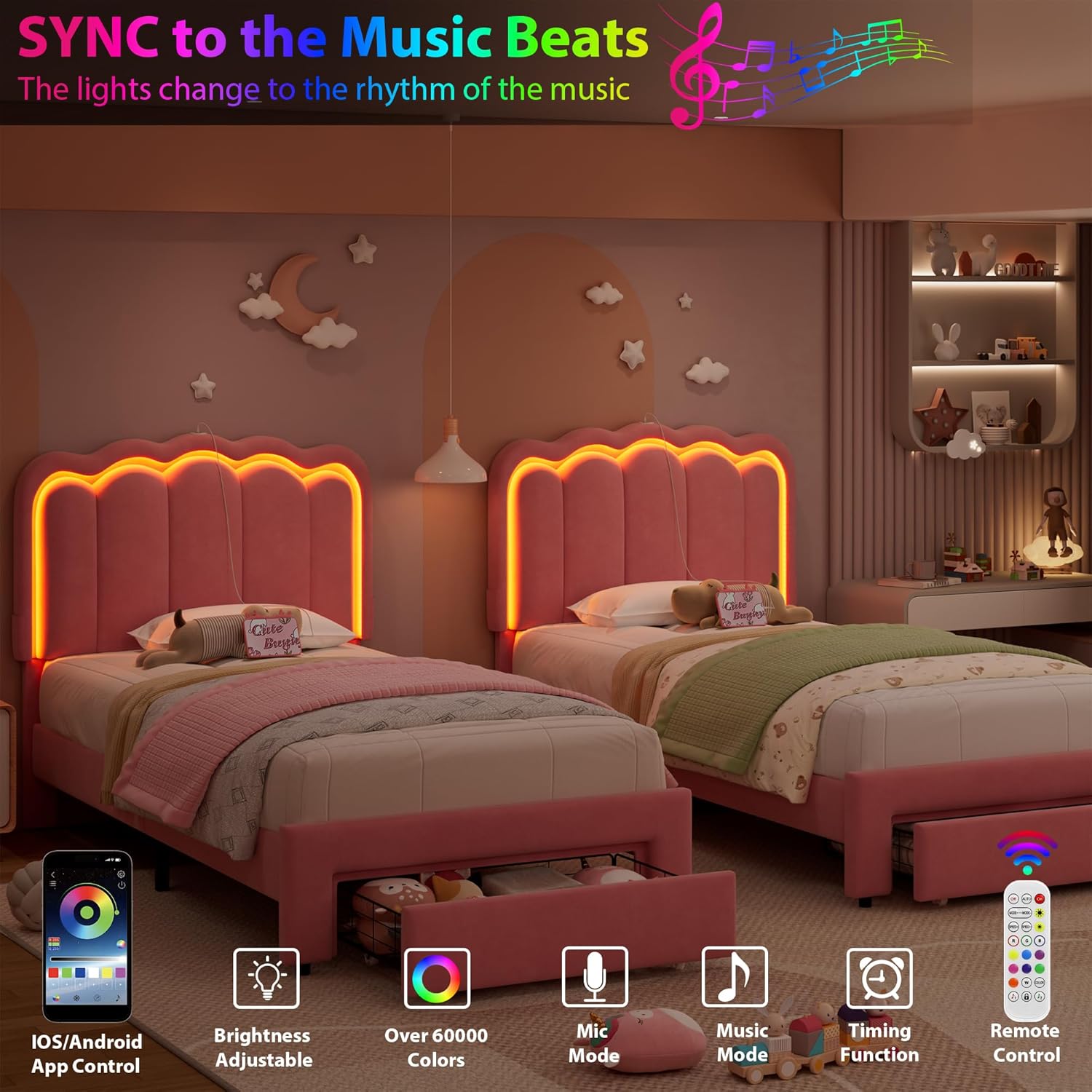 Velvet Upholstered Twin LED Bed Frame with Storage Drawer and Adjustable Chic Double Wavy Headboard, Princess Platform Bed for Girls/Kids, Solid Wood Slats Support, No Box Spring Needed, Pink - Grand Goldman